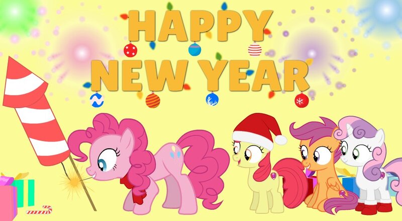 Size: 1000x550 | Tagged: safe, artist:agrol, derpibooru import, apple bloom, pinkie pie, scootaloo, sweetie belle, earth pony, pegasus, pony, unicorn, christmas, cutie mark crusaders, digital art, female, fireworks, hat, holiday, hooves, horn, image, jpeg, mare, mouth hold, new year, santa hat, tail, wings