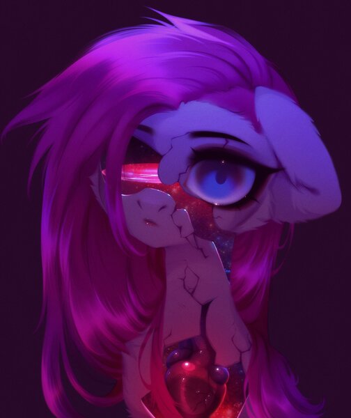 Size: 1968x2343 | Tagged: semi-grimdark, artist:tomness, derpibooru import, pinkie pie, earth pony, pony, 2021, cracked, creepy, dark, ear fluff, eyebrows, eyelashes, female, floppy ears, fluffy, heart, image, jpeg, looking at you, messy mane, one eye, organs, pinkamena diane pie, solo, solo female