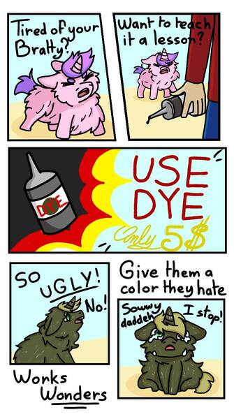 Size: 720x1290 | Tagged: questionable, artist:aliciapen, fluffy pony, unicorn, abuse, big mouth, brat, clothes, crying, foal, foal abuse, hair dye, image, jpeg, punishment, smarty, spoiled brat, you asked for it