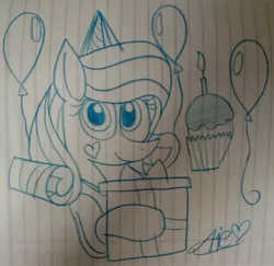 Size: 3020x2936 | Tagged: safe, artist:muhammad yunus, derpibooru import, oc, oc:annisa trihapsari, unofficial characters only, earth pony, pony, balloon, birthday, box, cupcake, earth pony oc, female, food, hat, heart, high res, image, indonesia, jpeg, mare, party hat, photo, solo, traditional art