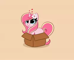 Size: 4096x3298 | Tagged: safe, artist:kittyrosie, derpibooru import, oc, oc:rosa flame, unofficial characters only, pony, unicorn, cardboard box, cute, digital art, female, high res, horn, image, jpeg, mare, missing cutie mark, ocbetes, smiling, solo, unicorn oc