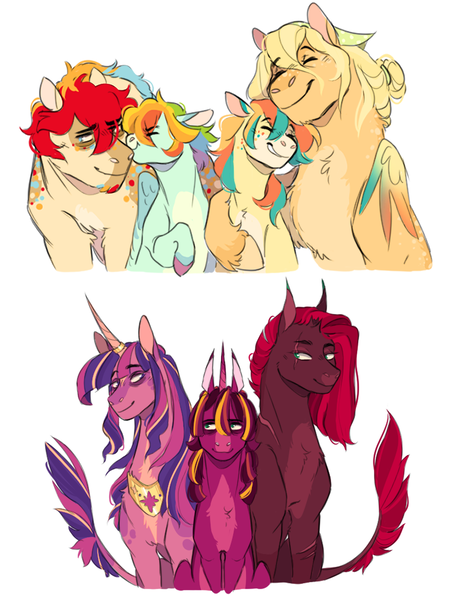 Size: 1200x1600 | Tagged: safe, artist:halfcrazydaisy, derpibooru import, applejack, rainbow dash, tempest shadow, twilight sparkle, twilight sparkle (alicorn), oc, oc:hill sprint, oc:page turner, oc:sydney sunshine, alicorn, classical unicorn, earth pony, pegasus, pony, unicorn, appledash, broken horn, cloven hooves, eyes closed, female, horn, hug, image, jewelry, leonine tail, lesbian, next generation, nuzzling, parent:applejack, parent:rainbow dash, parent:tempest shadow, parent:twilight sparkle, png, regalia, shipping, simple background, smiling, tempestlight, unshorn fetlocks, white background, wings