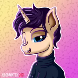 Size: 3000x3000 | Tagged: safe, artist:aldobronyjdc, derpibooru import, oc, oc:melody verve, unicorn, bust, clothes, digital art, happy, image, jpeg, looking at you, male, music notes, one eye closed, portrait, rule 63, simple background, smiling, smiling at you, sweater, wink