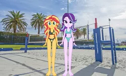 Size: 3060x1850 | Tagged: safe, anonymous artist, derpibooru import, starlight glimmer, sunset shimmer, equestria girls, barefoot, beach volleyball, belly button, bikini, breasts, clothes, cutie mark, cutie mark on clothes, cutie mark swimsuit, feet, female, image, png, sports, swimsuit, volleyball, volleyball net