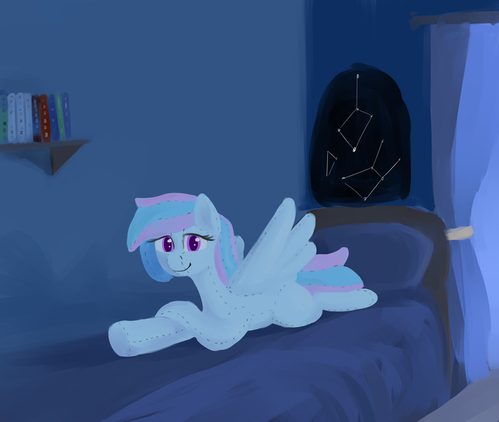 Size: 2560x2165 | Tagged: safe, artist:barhandar, oc, oc:starburn, unofficial characters only, original species, pegasus, plush pony, pony, bed, book, constellation, female, image, lineless, looking at you, mare, night, plushie, png, smiling, solo, spread wings, wings