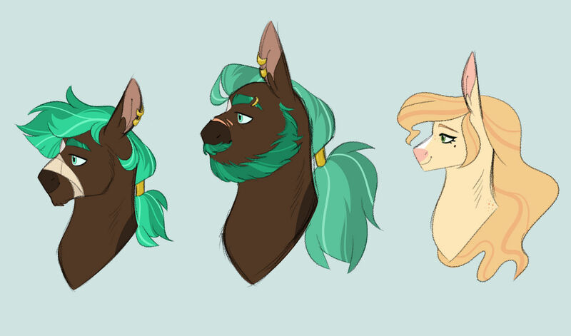 Size: 1280x754 | Tagged: safe, artist:echabi, derpibooru import, oc, oc:cherry chelan, oc:elm briar, unofficial characters only, pony, blue background, bust, female, image, jpeg, male, mare, offspring, parent:cherry jubilee, parent:mud briar, parent:sheriff silverstar, parent:tree hugger, portrait, simple background, stallion