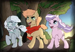 Size: 1870x1300 | Tagged: safe, artist:not-ordinary-pony, derpibooru import, diamond tiara, silver spoon, oc, oc:himmel, pony, clothes, colt, female, filly, foal, forest, forest background, gloves, image, male, png, running, scarf, tree