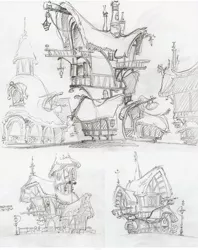 Size: 974x1231 | Tagged: safe, artist:davedunnet, derpibooru import, the art of equestria, building, concept art, image, jpeg, monochrome, official art, pencil drawing, ponyville, sketch, traditional art