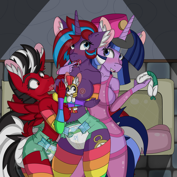 Size: 5000x5000 | Tagged: questionable, artist:cuddlelamb, derpibooru import, oc, oc:charming dazz, oc:cuddlelamb, oc:paddy sparkle, oc:shatter misty cloud, ponified, anthro, pegasus, pony, unicorn, abdl, arm warmers, blushing, breast milk, breasts, chest fluff, clothes, diaper, diaper fetish, ear fluff, female, fetish, image, nipples, nudity, pacifier, plushie, png, rainbow socks, see-through, shatter (transformers), socks, striped socks, suckling, thigh highs, transformers