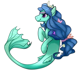 Size: 2179x2100 | Tagged: safe, artist:twighat, derpibooru import, oc, unofficial characters only, merpony, seapony (g4), blue mane, dorsal fin, female, fins, fish tail, flowing mane, image, jewelry, necklace, pearl necklace, png, purple eyes, simple background, smiling, solo, tail, transparent background