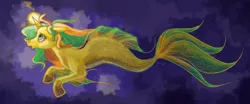 Size: 2005x831 | Tagged: safe, artist:likhaluna, derpibooru import, oc, unofficial characters only, hybrid, kelpie, merpony, pony, seapony (g4), unicorn, fish tail, flowing tail, glow, glowing horn, horn, image, jpeg, ocean, open mouth, seaponfied, solo, swimming, tail, underwater, water