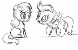 Size: 1080x699 | Tagged: safe, artist:lauren faust, derpibooru import, earth pony, pegasus, pony, concept art, cute, female, filly, image, jpeg, monochrome, my little pony adventures, official art, pencil drawing, show bible, sketch, traditional art