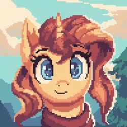 Size: 2000x2000 | Tagged: safe, artist:vanillaghosties, derpibooru import, sunset shimmer, pony, unicorn, bust, clothes, colored pupils, image, pixel art, png, portrait, scarf, smiling, solo, tree