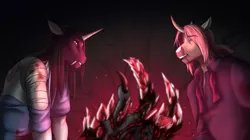 Size: 2297x1286 | Tagged: semi-grimdark, artist:blackblood-queen, derpibooru import, oc, oc:demetrius crow, oc:jasper quartz, unofficial characters only, anthro, bat pony, bat pony unicorn, hybrid, pony, unguligrade anthro, unicorn, anthro oc, bandage, blood, concerned, crystal, digital art, dismemberment, female, horn, image, male, mare, png, severed limb, stallion, unicorn oc