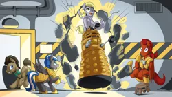Size: 2560x1440 | Tagged: safe, artist:mysticalpha, derpibooru import, derpy hooves, doctor whooves, time turner, oc, oc:captain sunride, oc:cloud zapper, earth pony, pegasus, pony, armor, dalek, doctor who, doctorderpy, female, image, male, mare, pegasus oc, png, royal guard, royal guard armor, royal guard oc, shipping, stallion, straight, the doctor, wings
