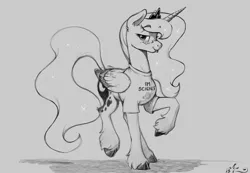 Size: 1200x831 | Tagged: safe, artist:amarynceus, edit, twibooru exclusive, princess luna, alicorn, pony, clothes, cloven hooves, ethereal mane, female, gray background, grayscale, image, mare, monochrome, png, realistic horse legs, shirt, simple background, sketch, solo, starry mane, tongue out, unshorn fetlocks