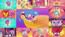 Size: 1978x1113 | Tagged: safe, derpibooru import, edit, editor:quoterific, screencap, applejack, fluttershy, pinkie pie, princess celestia, rainbow dash, rarity, twilight sparkle, twilight sparkle (alicorn), alicorn, earth pony, pegasus, pony, unicorn, my little pony: pony life, princess probz, spoiler:pony life s01e01, bipedal, broken, cake, collage, female, fire, flan, food, image, makeup, mane five, mare, png, potion, pudding, shattered, solo, title card, twibreaking