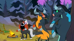Size: 1417x797 | Tagged: safe, derpibooru import, screencap, cozy glow, lord tirek, queen chrysalis, changeling, changeling queen, ophiotaurus, frenemies (episode), campfire, chair, disguise, disguised changeling, female, heart eyes, image, male, png, wingding eyes