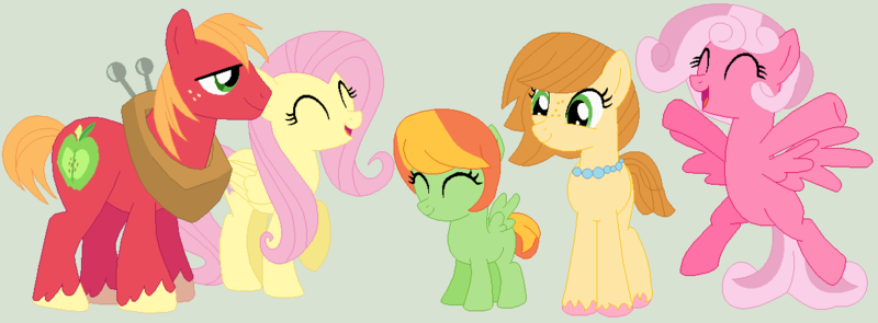 Size: 1189x439 | Tagged: safe, artist:jadethepegasus, artist:selenaede, derpibooru import, big macintosh, fluttershy, oc, oc:blossom blush, oc:tender peach, oc:willow breeze, earth pony, pegasus, pony, base used, bipedal, eyes closed, family, female, filly, fluttermac, freckles, green background, happy, image, male, mare, offspring, parent:big macintosh, parent:fluttershy, parents:fluttermac, png, request, shipping, simple background, smiling, stallion, straight, unshorn fetlocks