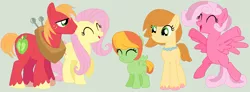 Size: 1189x439 | Tagged: safe, artist:jadethepegasus, artist:selenaede, derpibooru import, big macintosh, fluttershy, oc, oc:blossom blush, oc:tender peach, oc:willow breeze, earth pony, pegasus, pony, base used, bipedal, eyes closed, family, female, filly, fluttermac, freckles, green background, happy, image, male, mare, offspring, parent:big macintosh, parent:fluttershy, parents:fluttermac, png, request, shipping, simple background, smiling, stallion, straight, unshorn fetlocks