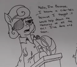 Size: 2048x1791 | Tagged: safe, artist:pony quarantine, derpibooru import, oc, oc:baroness, earth pony, pony, beret, eyepatch, female, grayscale, hat, image, jpeg, lectern, mare, monochrome, podium, solo, traditional art