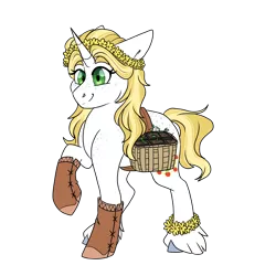 Size: 3000x3000 | Tagged: safe, artist:gingygin, derpibooru import, oc, oc:ambrosia apple, unofficial characters only, pony, unicorn, basket, female, floral head wreath, flower, freckles, hoof boots, image, mare, offspring, parent:applejack, parent:prince blueblood, parents:bluejack, plant, png, raised hoof, shoulder freckles, simple background, solo, transparent background, unshorn fetlocks