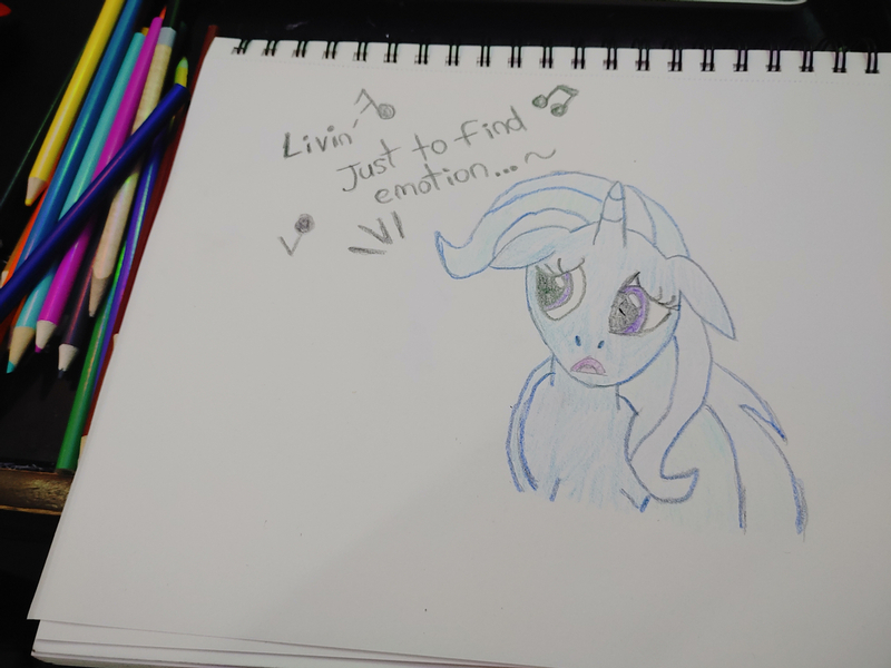 Size: 1280x960 | Tagged: safe, artist:dougtheloremaster, derpibooru import, trixie, don't stop believing, image, jpeg, sad, song reference, traditional art