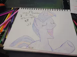 Size: 1280x960 | Tagged: safe, artist:dougtheloremaster, derpibooru import, twilight sparkle, pony, unicorn, don't stop believing, image, jpeg, open mouth, raised hoof, solo, song reference, traditional art