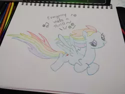 Size: 1280x960 | Tagged: safe, artist:dougtheloremaster, derpibooru import, rainbow dash, pegasus, pony, don't stop believing, flying, image, jpeg, looking down, solo, song reference, traditional art, wind, windswept mane