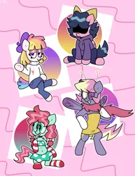 Size: 2931x3801 | Tagged: safe, artist:spritecranbirdie, derpibooru import, minty, starsong, toola roola, earth pony, pegasus, pony, bipedal, bow, clothes, covered eyes, cutie mark, dress, female, group, hoodie, image, pants, png, skirt, socks, starry eyes, stockings, striped socks, sweater, thigh highs, tongue out, turtleneck, wingding eyes