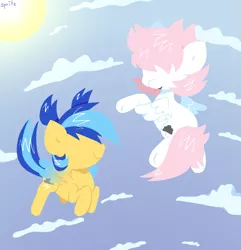 Size: 1667x1732 | Tagged: safe, artist:spritecranbirdie, derpibooru import, oc, oc:cotton, oc:volt, unofficial characters only, pegasus, pony, cloud, colored wings, cutie mark, duo, female, filly, flying, gradient wings, image, png, sky, sun, two toned mane, two toned tail, wings