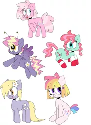 Size: 2162x2955 | Tagged: safe, artist:spritecranbirdie, derpibooru import, daisyjo, derpy hooves, minty, pinkie pie, starsong, toola roola, earth pony, pegasus, pony, alternate cutie mark, alternate design, alternate hairstyle, clothes, cutie mark, female, flower, group, hairclip, image, mane five, png, redesign, simple background, socks, stockings, striped socks, thigh highs, tongue out, two toned mane, white background