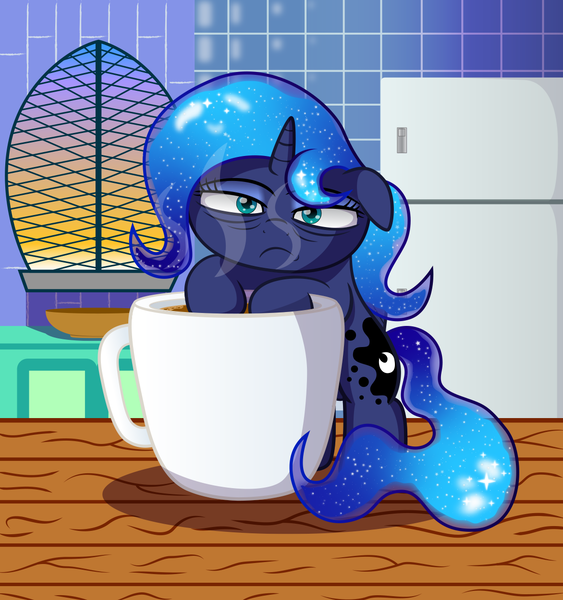 Size: 1172x1250 | Tagged: safe, artist:spellboundcanvas, derpibooru import, princess luna, alicorn, pony, bags under eyes, coffee, coffee mug, eyes closed, female, floppy ears, image, mare, micro, morning, mug, nebula, png, royalty, sleepy, solo, stars, steam, table, tired, window