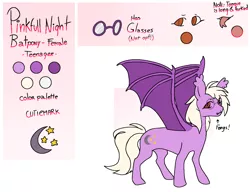 Size: 1406x1079 | Tagged: safe, artist:platt, derpibooru import, oc, oc:pinkfull night, unofficial characters only, bat pony, pony, bat pony oc, bat wings, cutie mark, fangs, female, forked tongue, glasses, image, long tongue, png, reference sheet, solo, teenager, tongue out, wings