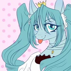 Size: 2000x2000 | Tagged: safe, artist:riceflowers_art, derpibooru import, earth pony, pony, abstract background, anime, clothes, crown, cute, hatsune miku, image, jewelry, jpeg, necklace, regalia, tongue out