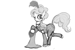 Size: 800x533 | Tagged: safe, artist:dovne, derpibooru import, pinkie pie, earth pony, pony, over a barrel, clothes, dress, female, fishnets, grayscale, image, leg warmers, mare, monochrome, one eye closed, pantyhose, png, raised leg, saloon dress, saloon pinkie, simple background, solo, white background, wink