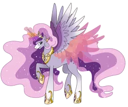 Size: 6449x5409 | Tagged: safe, artist:smilesupsidedown, derpibooru import, princess celestia, princess luna, alicorn, pony, artificial wings, augmented, ethereal mane, female, fusion, glowing horn, hoof shoes, horn, image, jewelry, magic, magic wings, mare, peytral, png, raised hoof, simple background, solo, starry mane, tiara, transparent background, wings