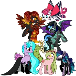 Size: 6091x6055 | Tagged: safe, artist:smilesupsidedown, derpibooru import, oc, unofficial characters only, bat pony, earth pony, pegasus, pony, augmented tail, bat pony oc, bat wings, clothes, costume, earth pony oc, female, flying, grin, image, looking back, looking down, pegasus oc, png, simple background, skeleton costume, smiling, socks (coat marking), transparent background, wings