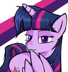 Size: 866x914 | Tagged: safe, artist:sallycars, derpibooru import, twilight sparkle, twilight sparkle (alicorn), alicorn, pony, bedroom eyes, biting, female, grooming, image, looking at you, mare, ms paint, out of context, png, preening, simple background, solo, white background, wing bite
