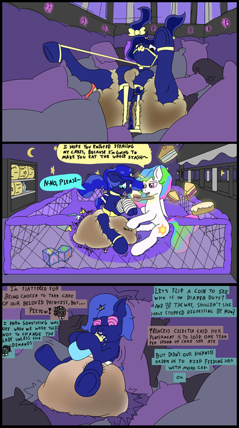 Size: 717x1280 | Tagged: questionable, artist:m3g4p0n1, derpibooru import, princess celestia, princess luna, alicorn, pony, age regression, bondage, cake, crib, diaper, diaper fetish, fetish, foal, food, hypermess, image, impossibly large diaper, mental regression, messy diaper, non-baby in diaper, png, story, story in the source, story included, swirly eyes, wet diaper