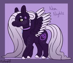 Size: 1750x1500 | Tagged: safe, artist:misskanabelle, derpibooru import, oc, oc:neon nights, unofficial characters only, pegasus, pony, abstract background, choker, colored hooves, female, image, mare, offspring, parent:king sombra, parent:princess celestia, parents:celestibra, pegasus oc, png, signature, solo, two toned wings, wings