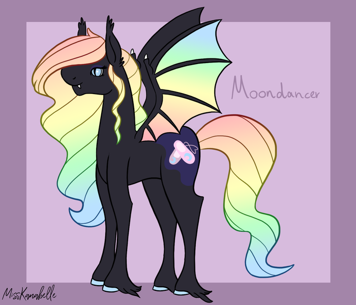 Size: 1750x1500 | Tagged: safe, artist:misskanabelle, derpibooru import, oc, oc:moondancer, unofficial characters only, bat pony, pony, abstract background, bat pony oc, bat wings, female, hoof fluff, image, mare, multicolored hair, offspring, parent:king sombra, parent:princess luna, parents:lumbra, png, rainbow hair, signature, solo, wings