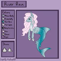 Size: 1482x1500 | Tagged: safe, artist:misskanabelle, derpibooru import, oc, oc:river rain, unofficial characters only, original species, pony, sea pony, shark, shark pony, abstract background, hoof shoes, image, png, reference sheet, signature, smiling, solo, story included