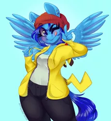 Size: 1280x1394 | Tagged: safe, artist:physisinwonderland, derpibooru import, oc, anthro, pegasus, pikachu, breasts, cleavage, clothes, ear piercing, hoodie, image, jpeg, one eye closed, piercing, pokémon, solo, tongue out, wink