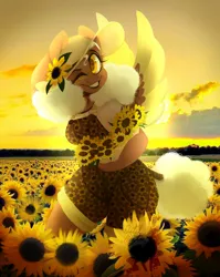 Size: 1462x1840 | Tagged: safe, artist:physisinwonderland, derpibooru import, oc, oc:sunnyside up, anthro, pegasus, clothes, female, flower, image, jpeg, overalls, solo, sunflower