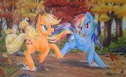 Size: 2425x1473 | Tagged: safe, artist:rainwaterfallszone, derpibooru import, applejack, rainbow dash, earth pony, pegasus, pony, fall weather friends, applejack's hat, autumn, background, colored pencil drawing, complex background, cowboy hat, daytime, dirt, dirt path, dirt road, falling leaves, female, folded wings, foliage, freckles, grass, hat, image, jpeg, leaves, looking at each other, looking back, mare, multicolored mane, open mouth, outdoors, painting, plant, raised hoof, rock, running, scenery, scenery porn, shadow, shiny mane, smiling, stetson, traditional art, tree, watercolor painting, wind, windswept mane, wings