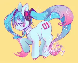 Size: 2048x1662 | Tagged: safe, artist:junkyardrabbit, derpibooru import, ponified, earth pony, pony, anime, hatsune miku, headphones, image, jewelry, jpeg, necklace, open mouth, simple background, vocaloid, yellow background