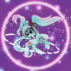 Size: 1426x1426 | Tagged: safe, artist:jen-neigh, derpibooru import, ponified, earth pony, pony, anime, hatsune miku, headphones, image, jewelry, jpeg, microphone, necklace, one eye closed, open mouth, vocaloid, wingding eyes