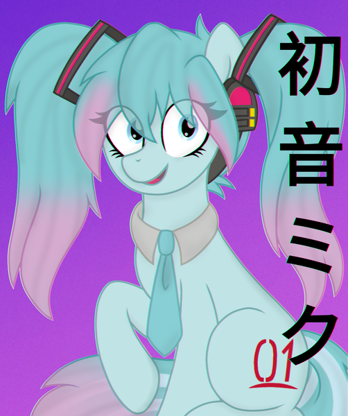 Size: 1020x1218 | Tagged: safe, artist:froyo15sugarblast, derpibooru import, kotobukiya, ponified, earth pony, pony, anime, eye clipping through hair, female, foreign language, glitch effect, gradient background, gradient mane, hatsune miku, headphones, image, japanese, kotobukiya hatsune miku pony, looking at you, mare, moon runes, necktie, open mouth, pigtails, png, raised hoof, shading, sitting, solo, solo female, twintails, vocaloid