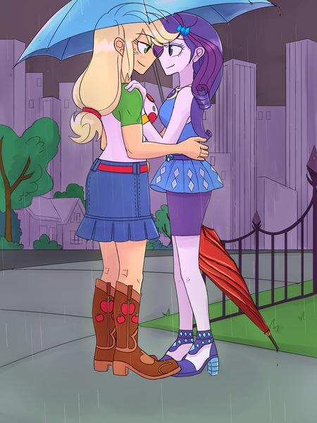 Size: 1620x2160 | Tagged: safe, artist:haibaratomoe, derpibooru import, applejack, rarity, equestria girls, clothes, digital art, female, image, jpeg, lesbian, looking at each other, rain, rarijack, shipping, smiling, umbrella